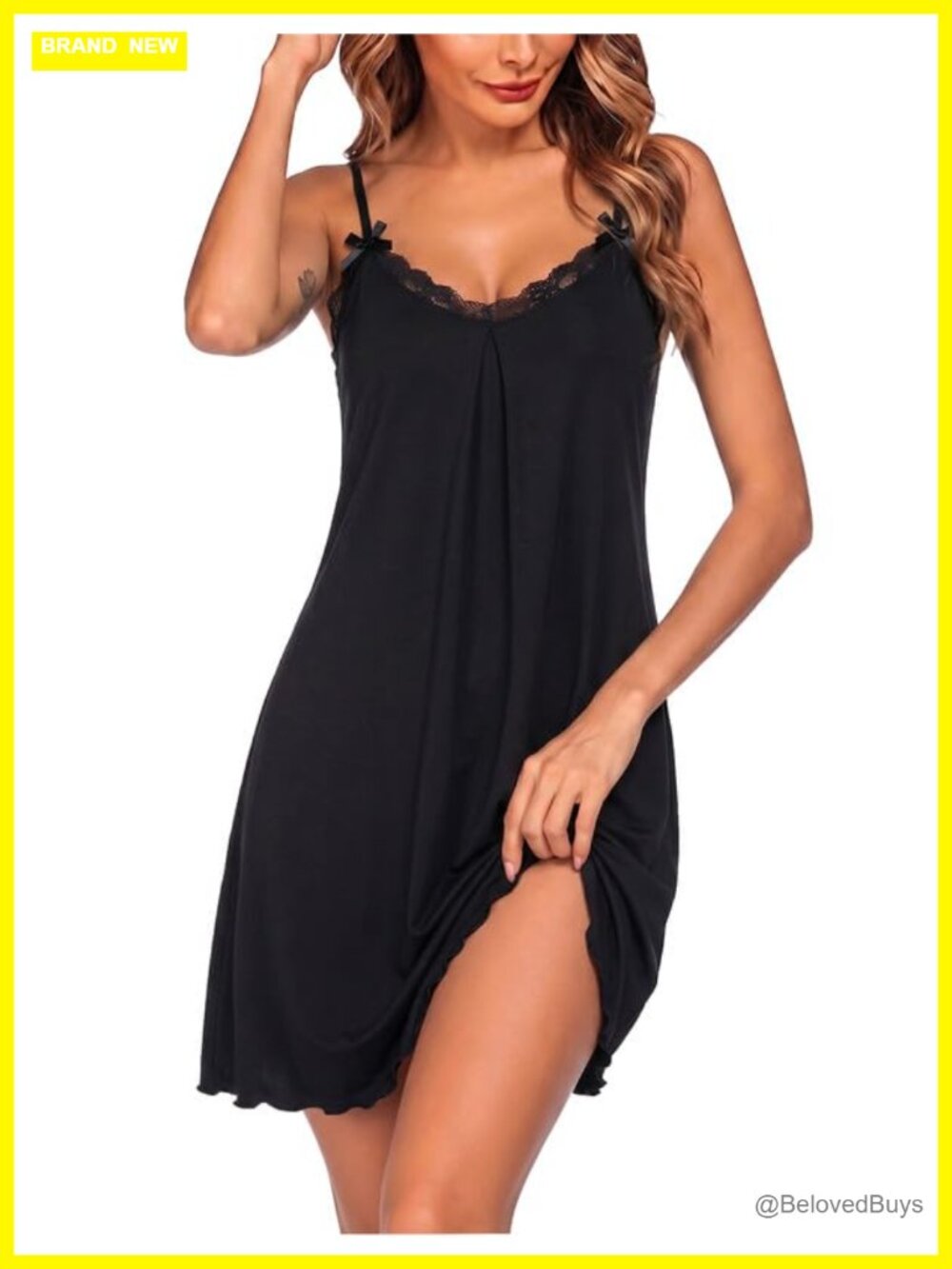 V Neck Lace Sleep Dress Nightgown Adjustable Spaghetti Strap S-2XL
